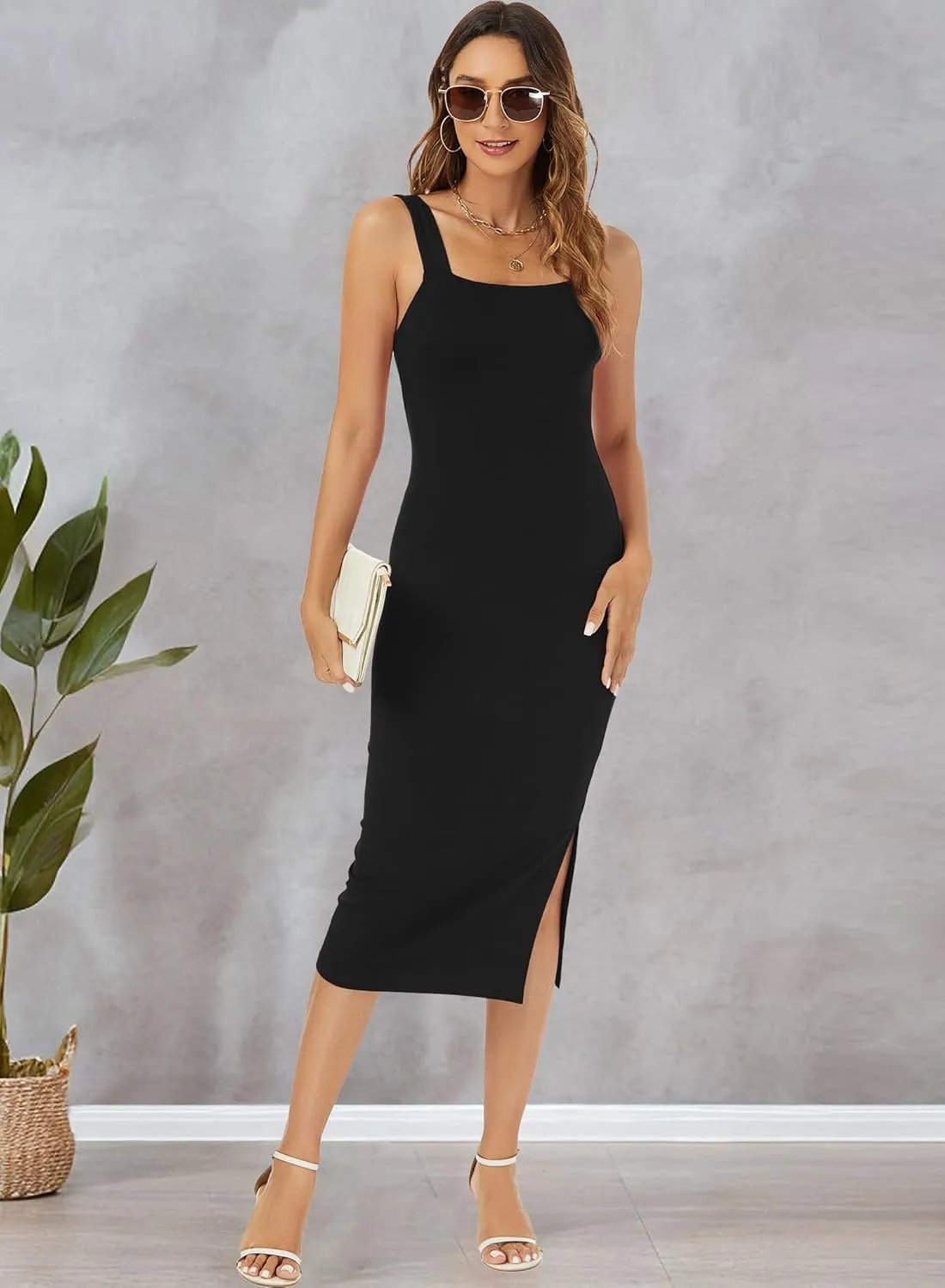 RANPHEE Womens Summer Sleeveless Bodycon Midi Dress Square Neck Side Slit Tank Casual Party Dresses