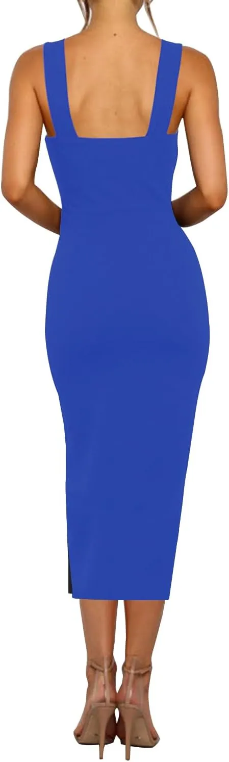 RANPHEE Womens Summer Sleeveless Bodycon Midi Dress Square Neck Side Slit Tank Casual Party Dresses