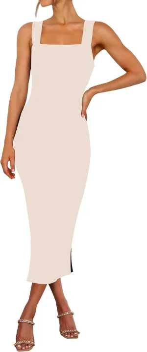 RANPHEE Womens Summer Sleeveless Bodycon Midi Dress Square Neck Side Slit Tank Casual Party Dresses