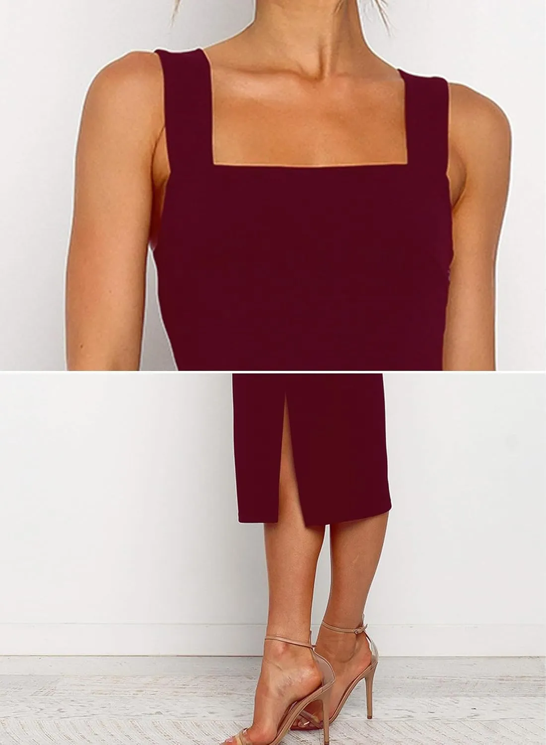 RANPHEE Womens Summer Sleeveless Bodycon Midi Dress Square Neck Side Slit Tank Casual Party Dresses