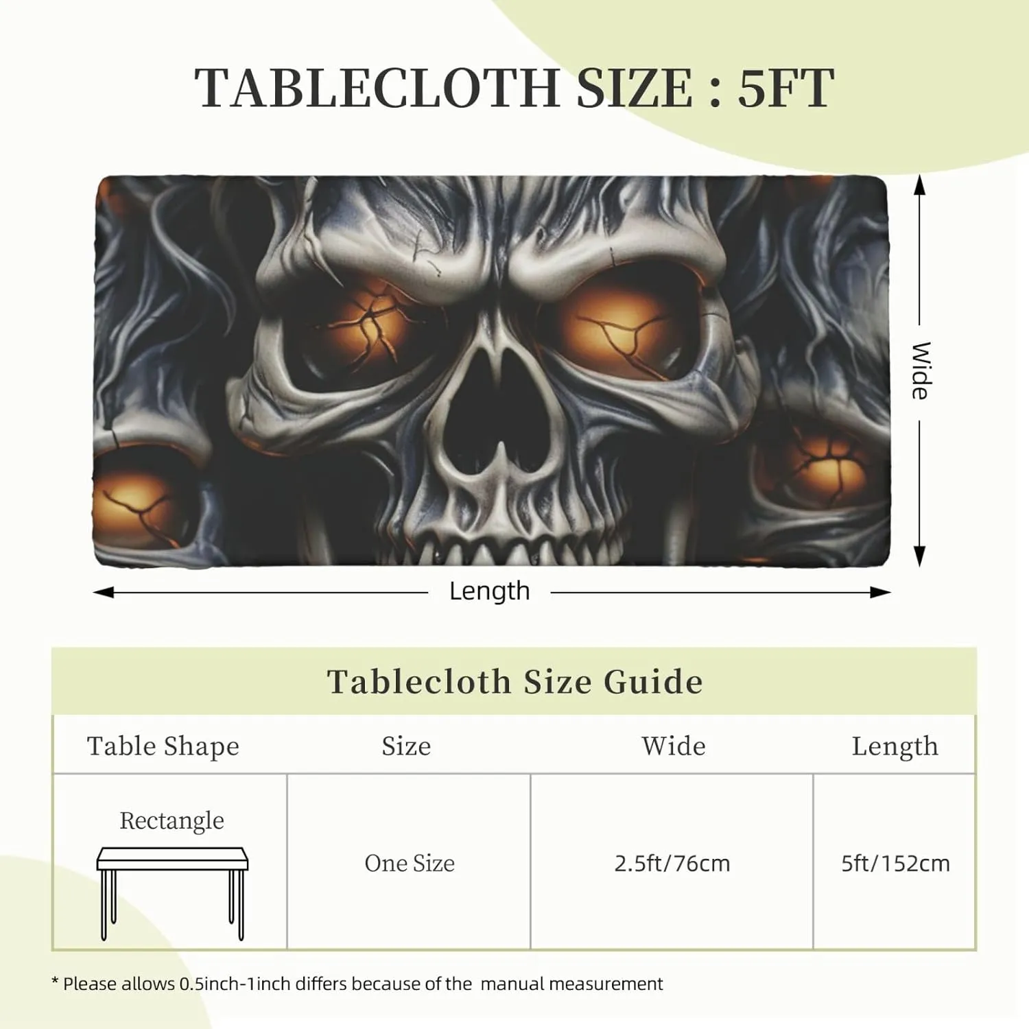 Rectangle Table Cover Waterproof Table Cloth 30"x60" Cool Evil Skull Table Cloths Tablecloth for Kitchen Wrinkle Free Tablecover for Dining Outdoor Camping Picnic