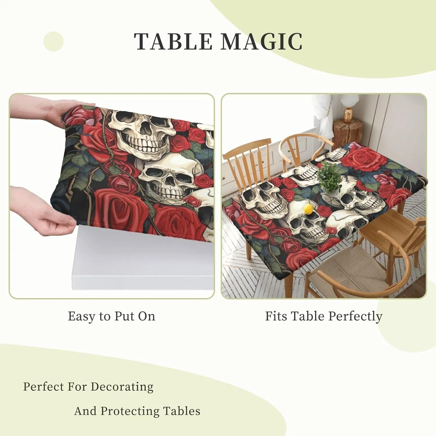 Rectangle Table Cover Waterproof Table Cloth 30"x60" Cool Skull Head and Roses Table Cloths Tablecloth for Kitchen Wrinkle Free Tablecover for Dining Outdoor Camping Picnic