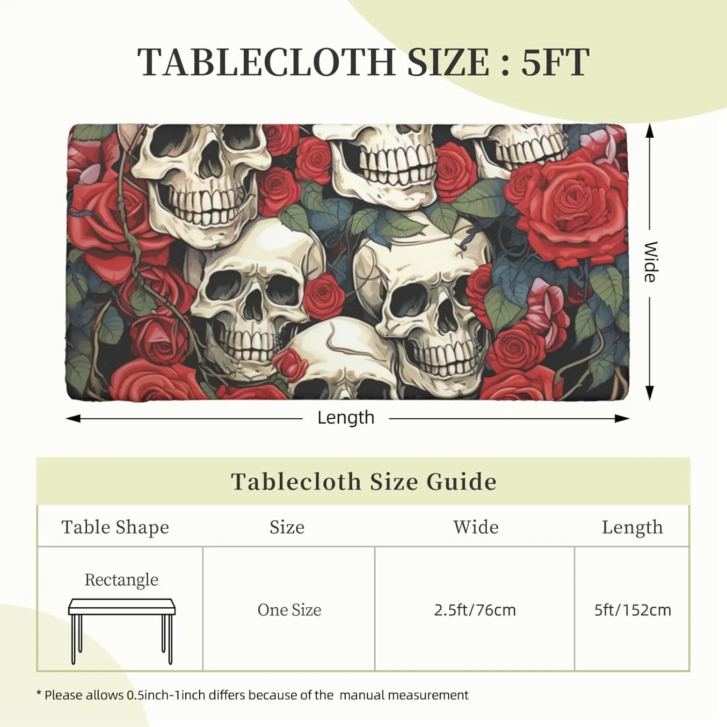 Rectangle Table Cover Waterproof Table Cloth 30"x60" Cool Skull Head and Roses Table Cloths Tablecloth for Kitchen Wrinkle Free Tablecover for Dining Outdoor Camping Picnic