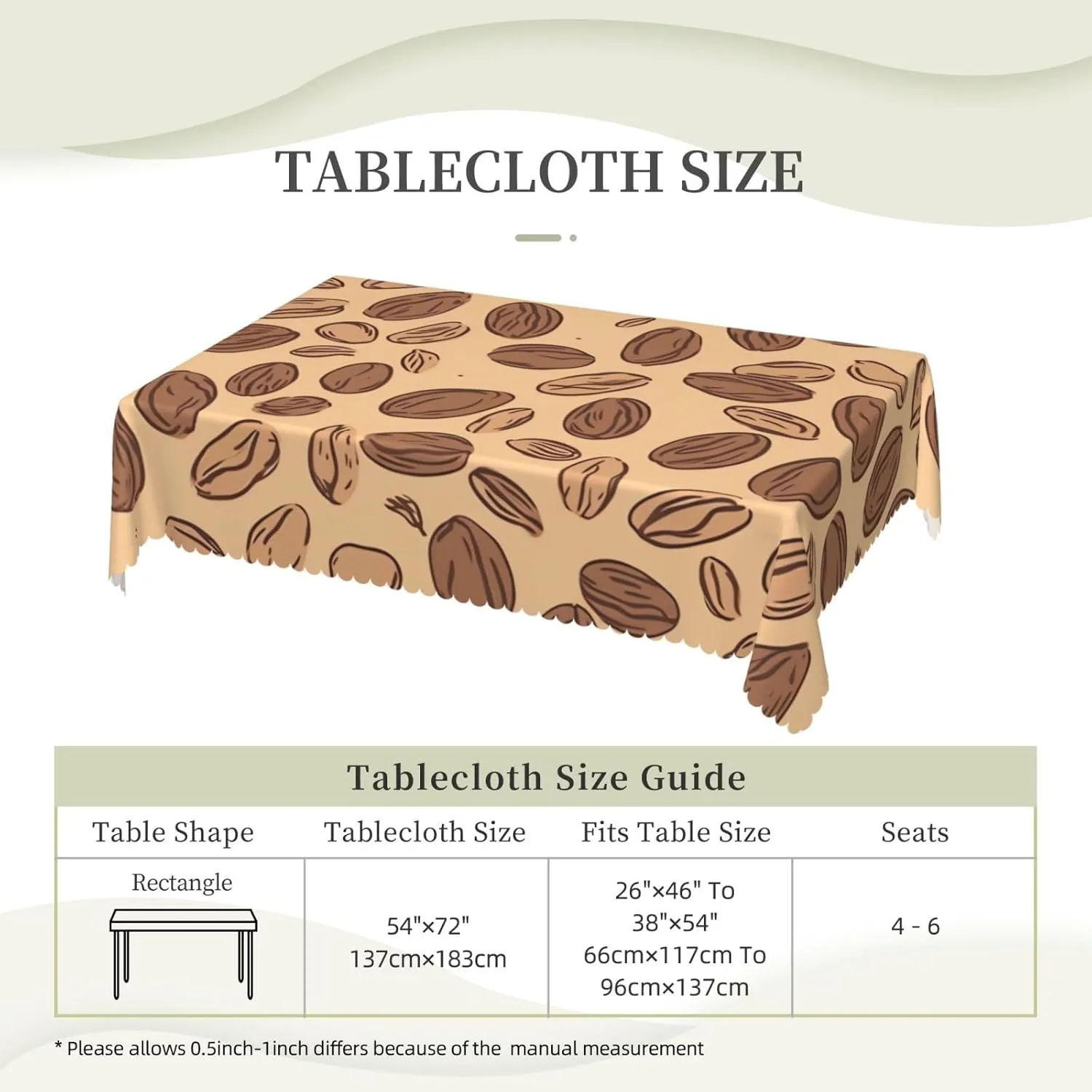 Rectangle Tablecloth Nut Pattern Table Cloth Waterproof Spillproof Wrinkle Free Table Cloth Washable Table Cover for Kitchen Patio Parties Picnics Occasion 54 x 72 Inch