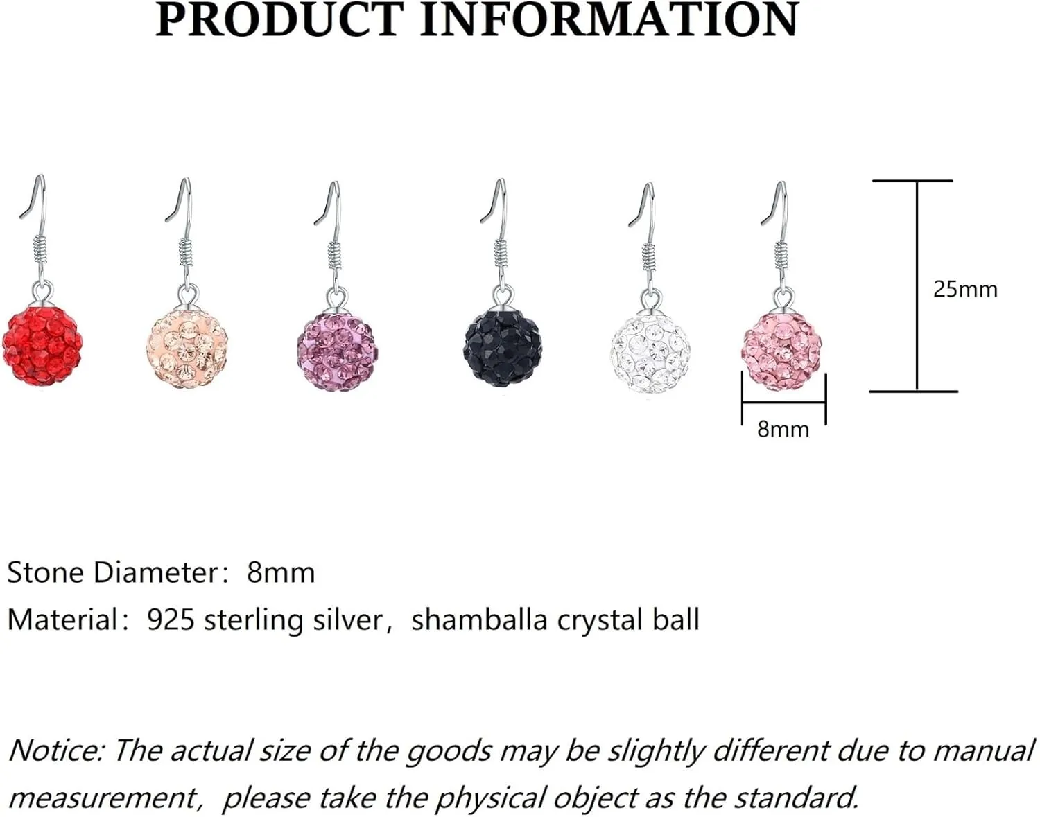 Red/Beige/Violet/Black/White/Pink Crystal Disco Ball Clay Beads Shamballa Long Tassel Dangle Earrings, 925 Sterling Silver Drop Threader Hook Earrings for Women, 8MM