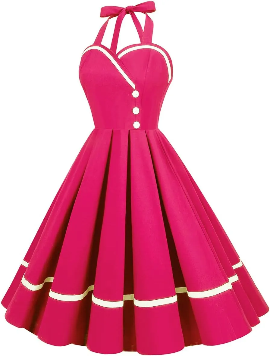 Retro 50s Dresses for Women Vintage Halter Swing Cocktail Dress 1950s Rockabilly Tea Party Pin Up Dresses