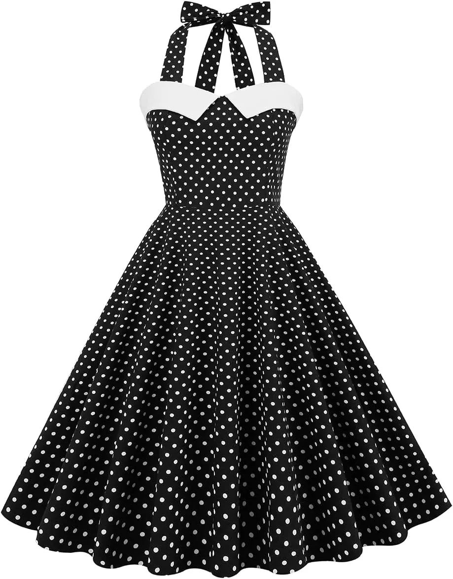 Retro 50s Dresses for Women Vintage Halter Swing Cocktail Dress 1950s Rockabilly Tea Party Pin Up Dresses