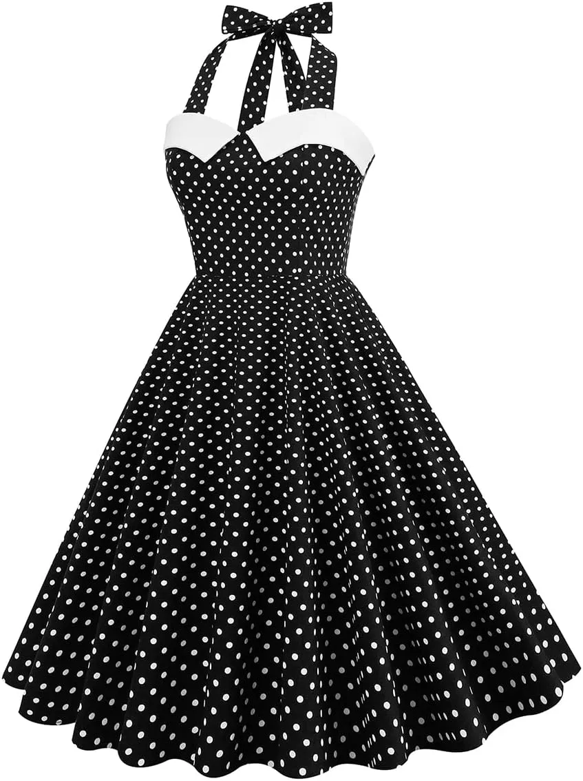 Retro 50s Dresses for Women Vintage Halter Swing Cocktail Dress 1950s Rockabilly Tea Party Pin Up Dresses