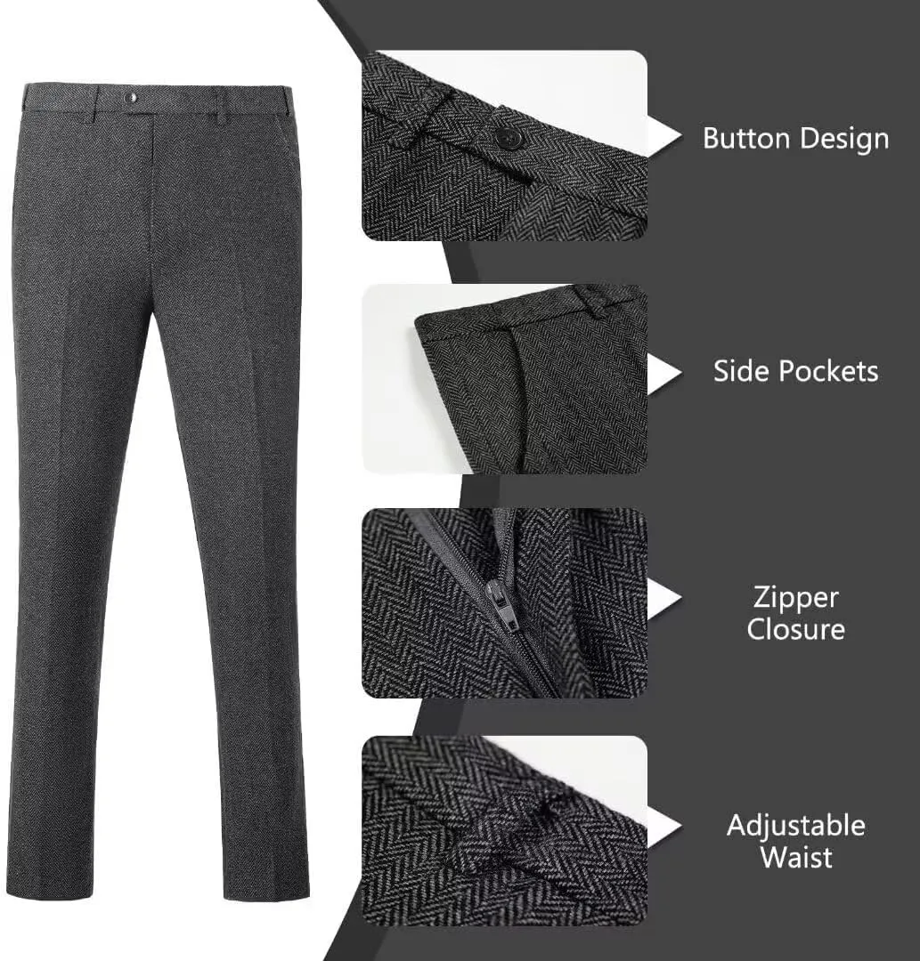 Retro Men Suit 3 Piece Tweed Herringbone Men's Suits Wool Jacket Tuxedos Wedding Grooms Blazer Vest Pants Set Prom