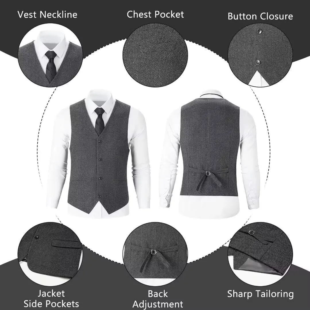 Retro Men Suit 3 Piece Tweed Herringbone Men's Suits Wool Jacket Tuxedos Wedding Grooms Blazer Vest Pants Set Prom