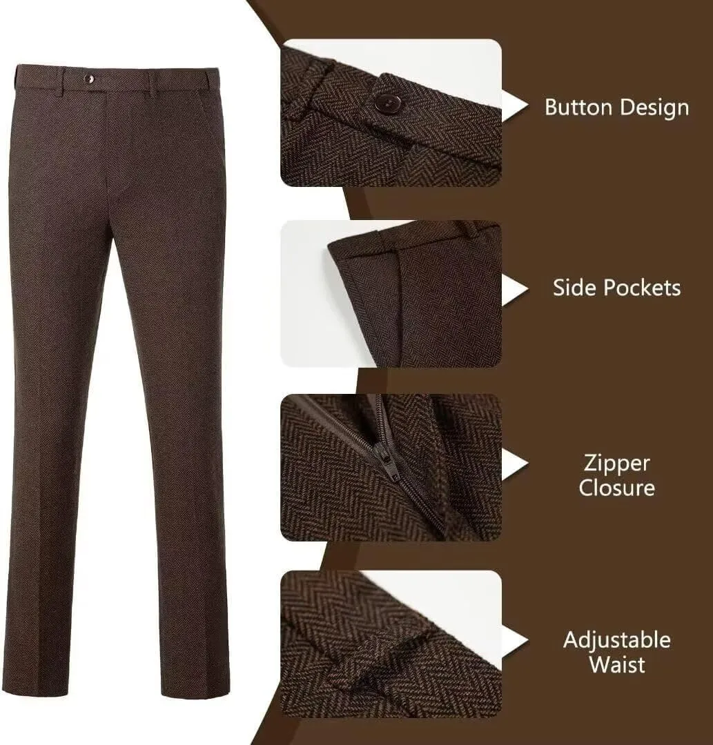 Retro Men Suit 3 Piece Tweed Herringbone Men's Suits Wool Jacket Tuxedos Wedding Grooms Blazer Vest Pants Set Prom