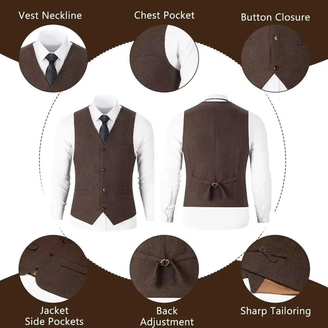 Retro Men Suit 3 Piece Tweed Herringbone Men's Suits Wool Jacket Tuxedos Wedding Grooms Blazer Vest Pants Set Prom