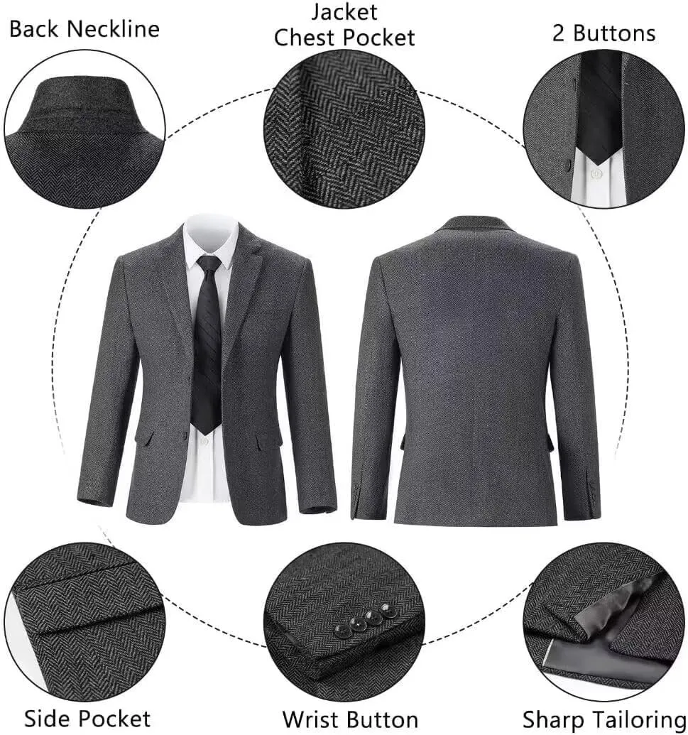Retro Men Suit 3 Piece Tweed Herringbone Men's Suits Wool Jacket Tuxedos Wedding Grooms Blazer Vest Pants Set Prom