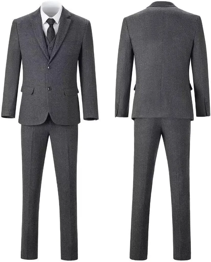 Retro Men Suit 3 Piece Tweed Herringbone Men's Suits Wool Jacket Tuxedos Wedding Grooms Blazer Vest Pants Set Prom