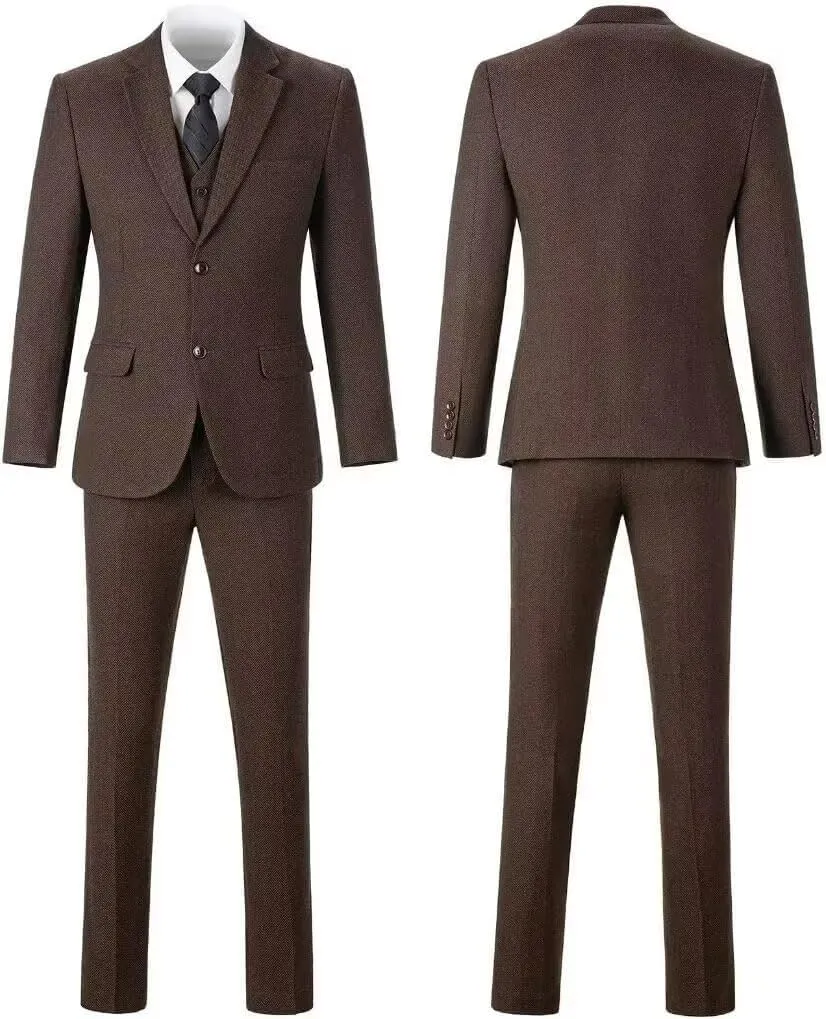 Retro Men Suit 3 Piece Tweed Herringbone Men's Suits Wool Jacket Tuxedos Wedding Grooms Blazer Vest Pants Set Prom