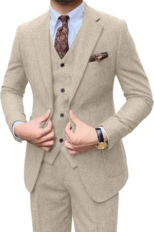 Retro Men Suit 3 Piece Tweed Herringbone Men's Suits Wool Jacket Tuxedos Wedding Grooms Blazer Vest Pants Set Prom