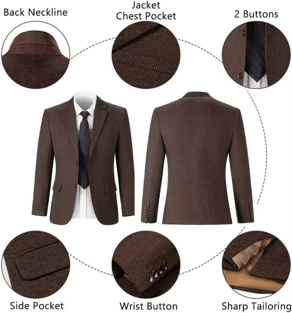 Retro Men Suit 3 Piece Tweed Herringbone Men's Suits Wool Jacket Tuxedos Wedding Grooms Blazer Vest Pants Set Prom