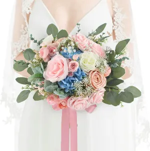 Rinlong 12 Inch Wedding Bouquets for Bride Pink Blue Bridal Bouquet for Wedding Artificial Flowers Silk Bouquet for Wedding, one