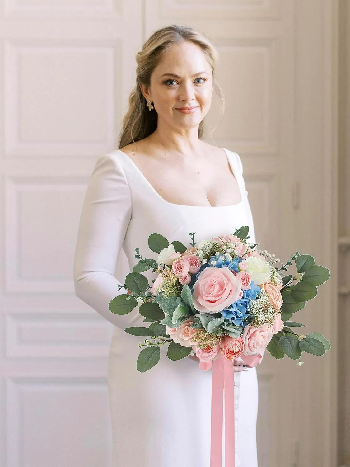 Rinlong 12 Inch Wedding Bouquets for Bride Pink Blue Bridal Bouquet for Wedding Artificial Flowers Silk Bouquet for Wedding, one