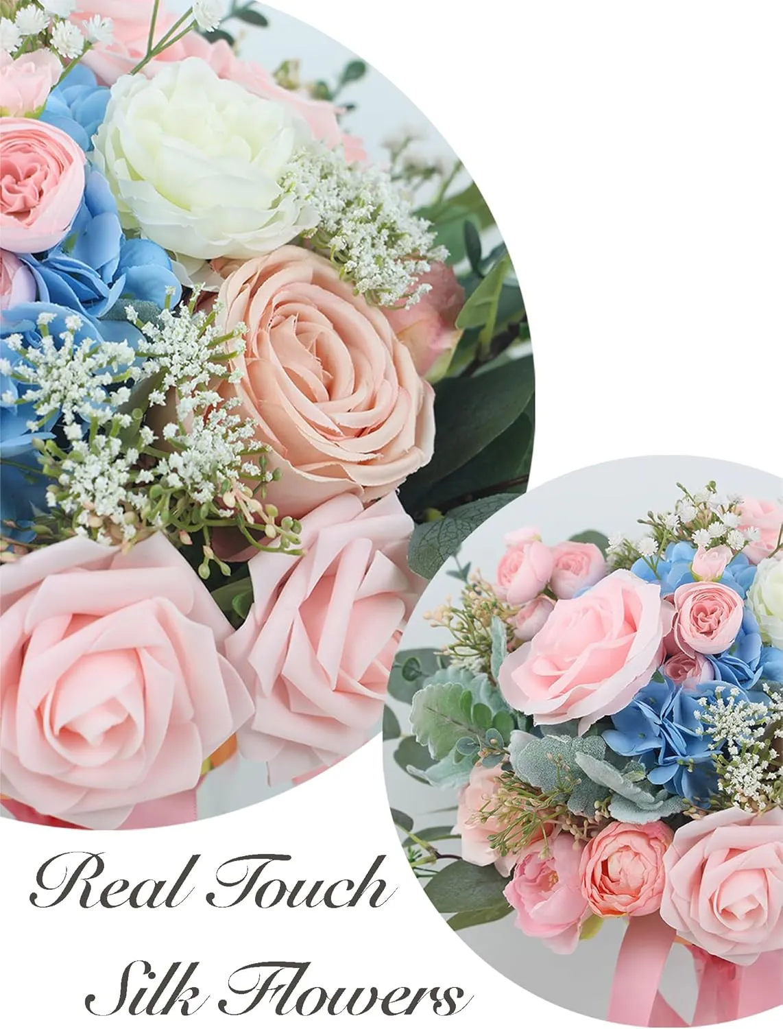 Rinlong 12 Inch Wedding Bouquets for Bride Pink Blue Bridal Bouquet for Wedding Artificial Flowers Silk Bouquet for Wedding, one
