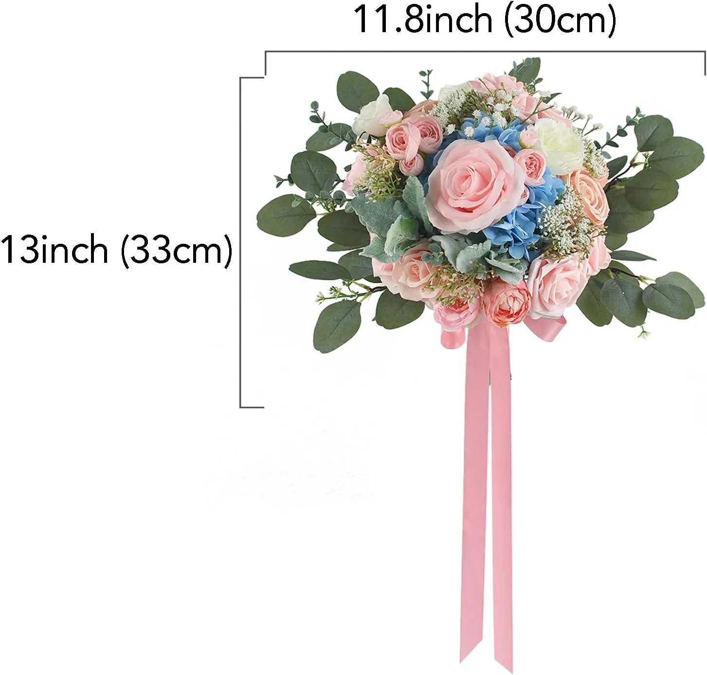 Rinlong 12 Inch Wedding Bouquets for Bride Pink Blue Bridal Bouquet for Wedding Artificial Flowers Silk Bouquet for Wedding, one