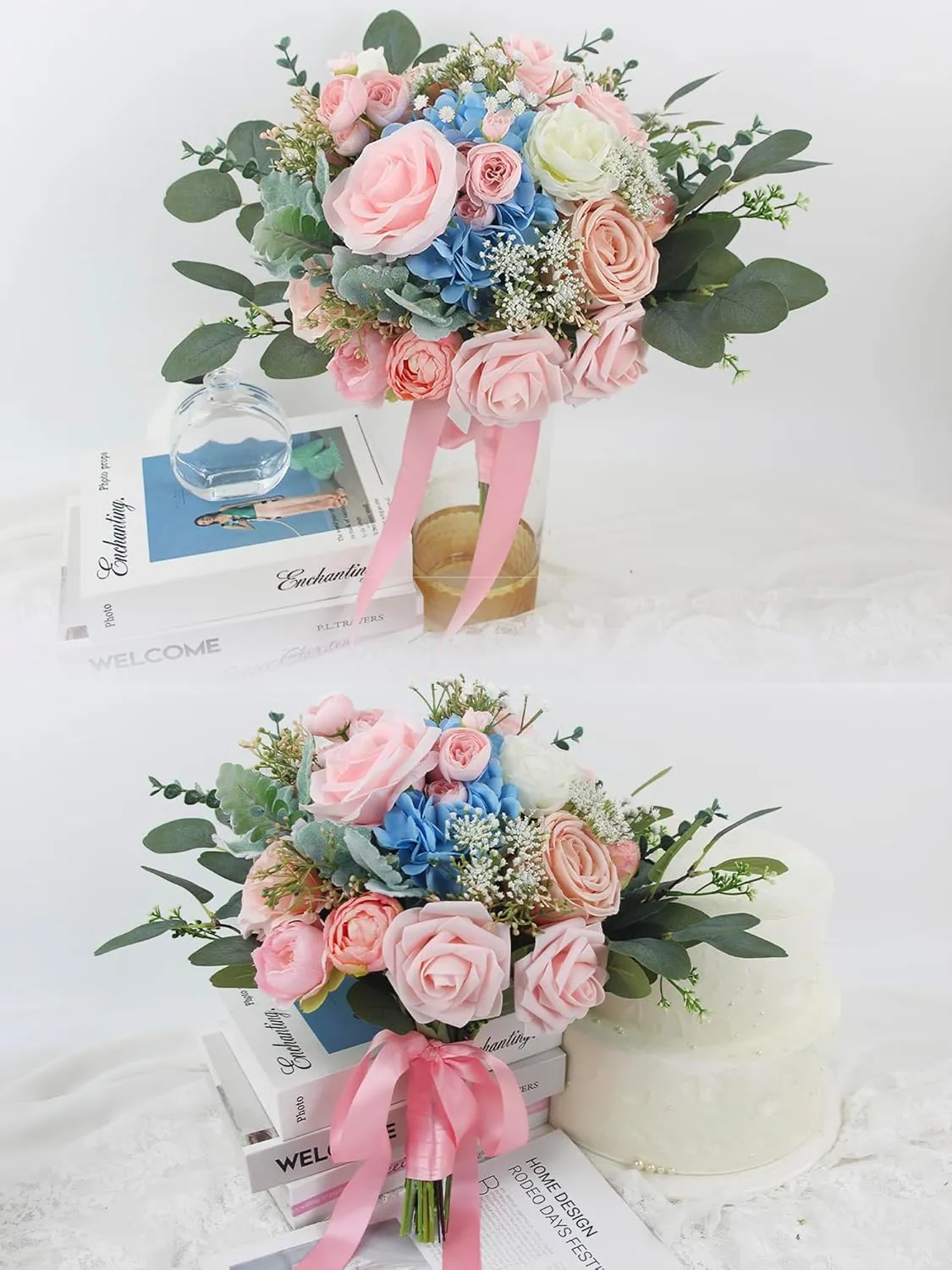 Rinlong 12 Inch Wedding Bouquets for Bride Pink Blue Bridal Bouquet for Wedding Artificial Flowers Silk Bouquet for Wedding, one