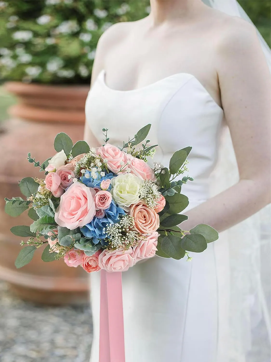 Rinlong 12 Inch Wedding Bouquets for Bride Pink Blue Bridal Bouquet for Wedding Artificial Flowers Silk Bouquet for Wedding, one