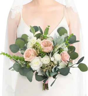 Rinlong 12.6 Inch Wedding Bouquets for Bride Pink Green Bridal Bouquet for Wedding Artificial Flowers Silk Bouquet Spring