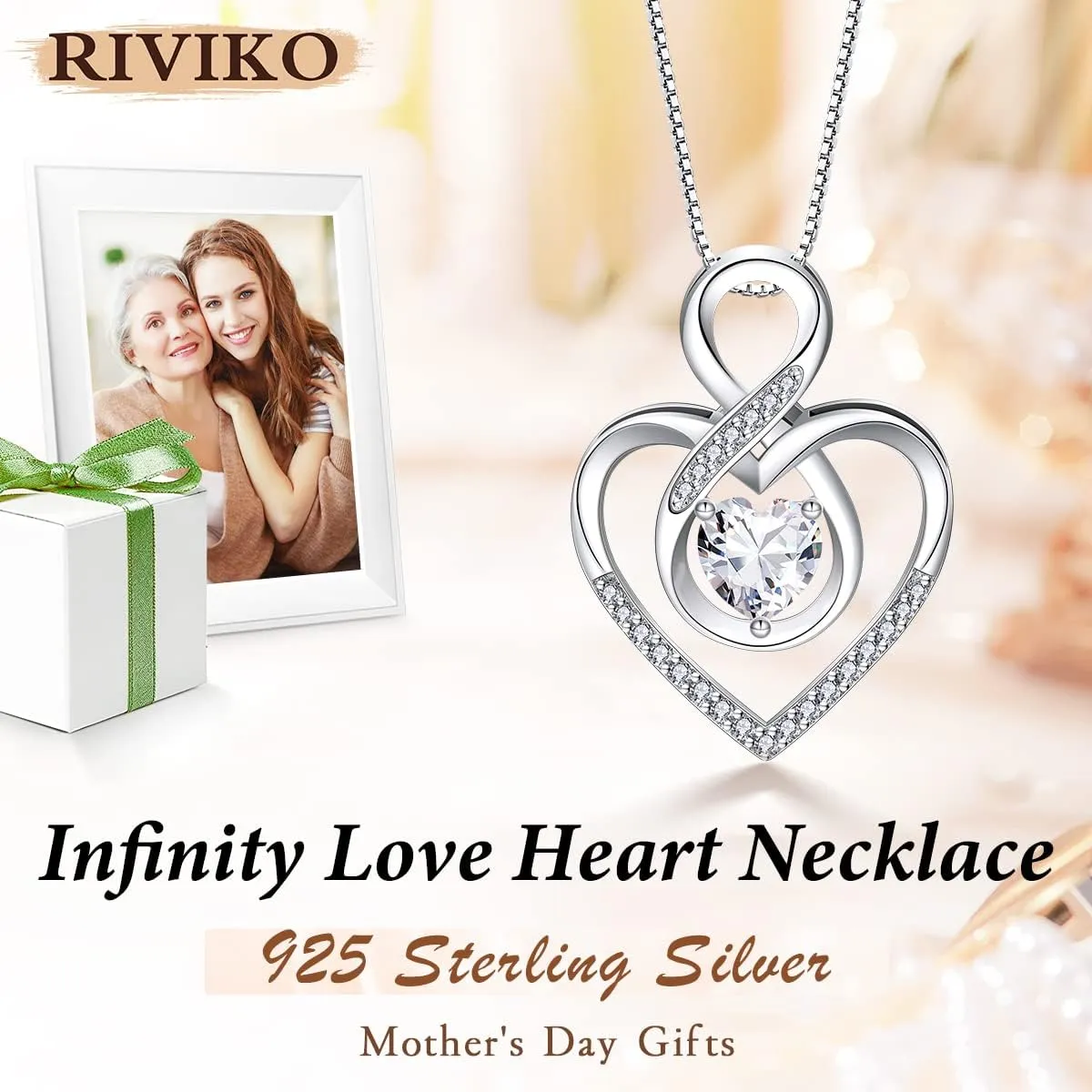 RIVIKO Infinity Heart Symbol Necklace for Women 925 Sterling Silver Love Heart Pendant Valentine's Day Mother's Day Anniversary Birthday Christmas Jewelry Gifts for Women Mom Wife Sister Her Friends