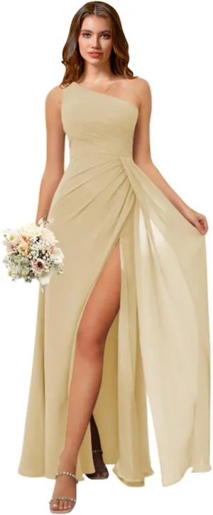 Rjer One Shoulder Bridesmaid Dresses for Women Long Ruched Chiffon A Line Formal Evening Dress with Slit