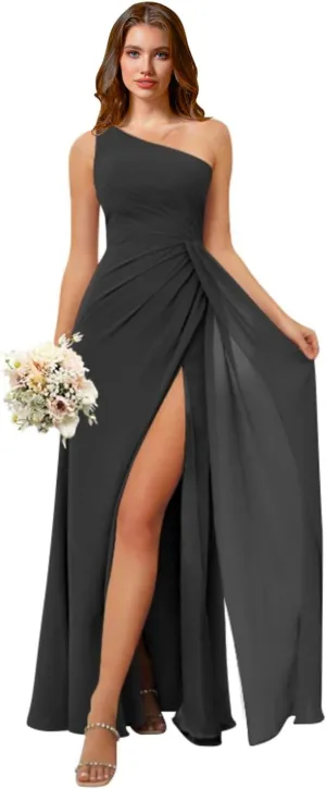 Rjer One Shoulder Bridesmaid Dresses for Women Long Ruched Chiffon A Line Formal Evening Dress with Slit
