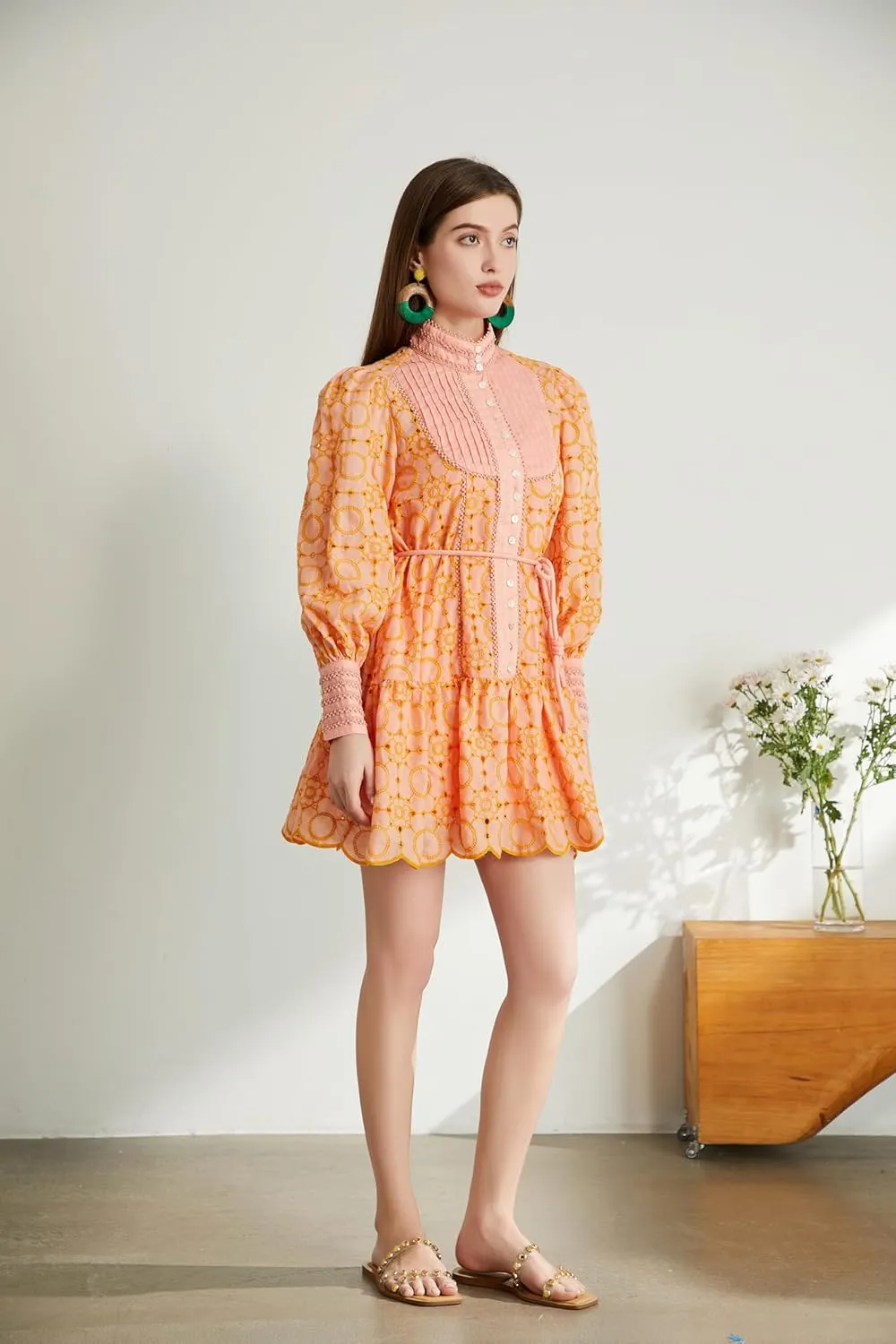 Roiii Women A-Line Lace Loose Baroque Button Down Long Sleeve Casual Dresses V Neck Embroidery Party Short Dress