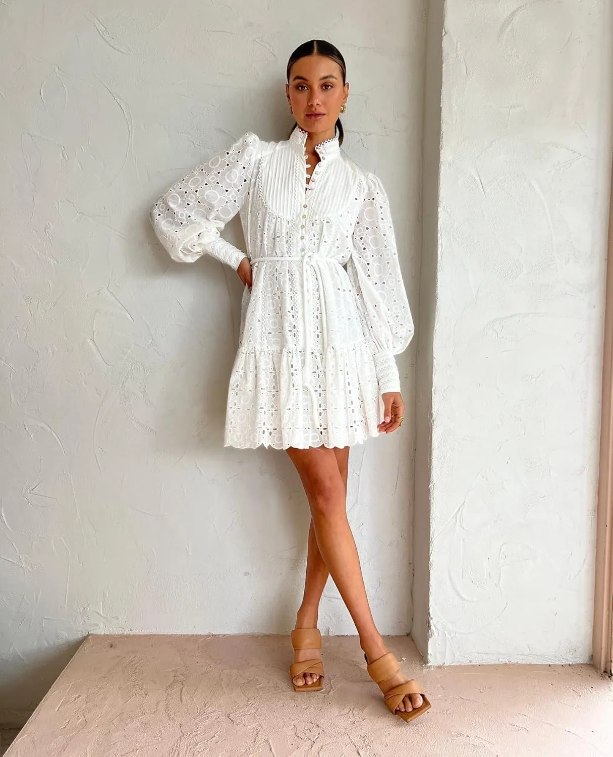 Roiii Women A-Line Lace Loose Baroque Button Down Long Sleeve Casual Dresses V Neck Embroidery Party Short Dress