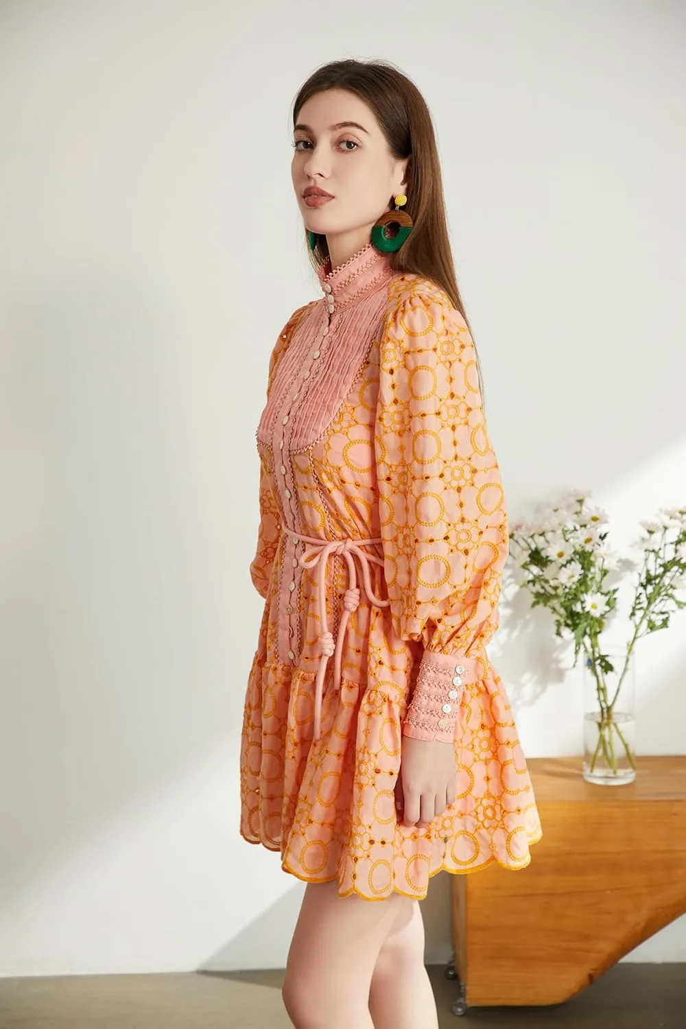 Roiii Women A-Line Lace Loose Baroque Button Down Long Sleeve Casual Dresses V Neck Embroidery Party Short Dress