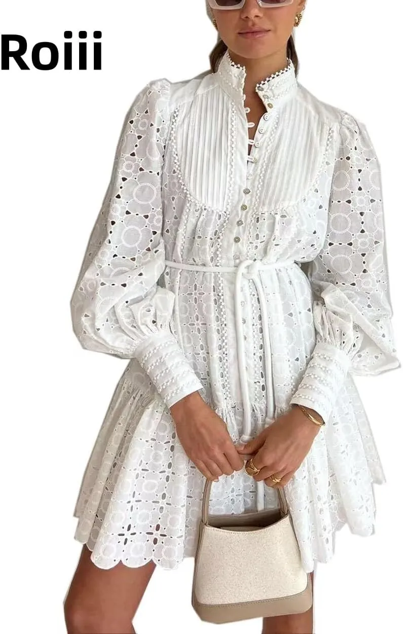 Roiii Women A-Line Lace Loose Baroque Button Down Long Sleeve Casual Dresses V Neck Embroidery Party Short Dress