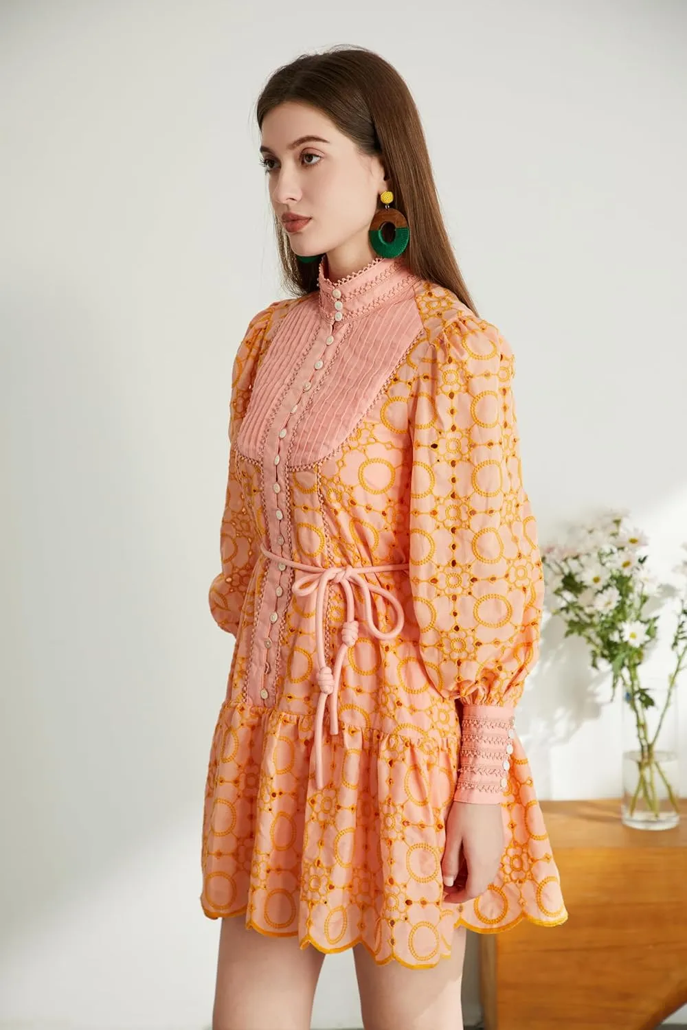 Roiii Women A-Line Lace Loose Baroque Button Down Long Sleeve Casual Dresses V Neck Embroidery Party Short Dress