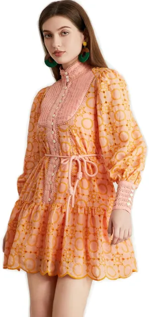 Roiii Women A-Line Lace Loose Baroque Button Down Long Sleeve Casual Dresses V Neck Embroidery Party Short Dress