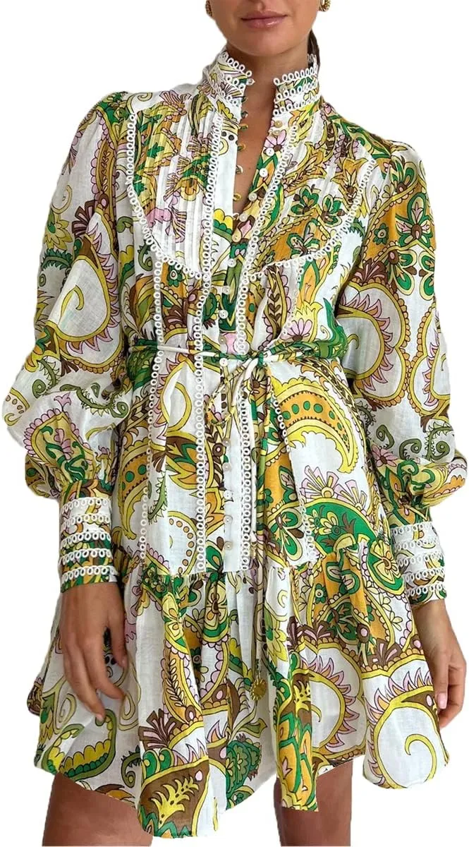 Roiii Women A-Line Lace Loose Baroque Button Down Long Sleeve Casual Dresses V Neck Embroidery Party Short Dress