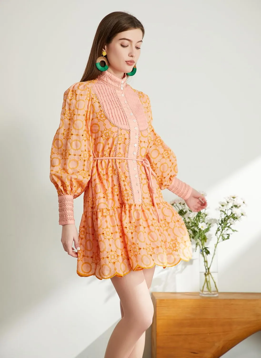 Roiii Women A-Line Lace Loose Baroque Button Down Long Sleeve Casual Dresses V Neck Embroidery Party Short Dress