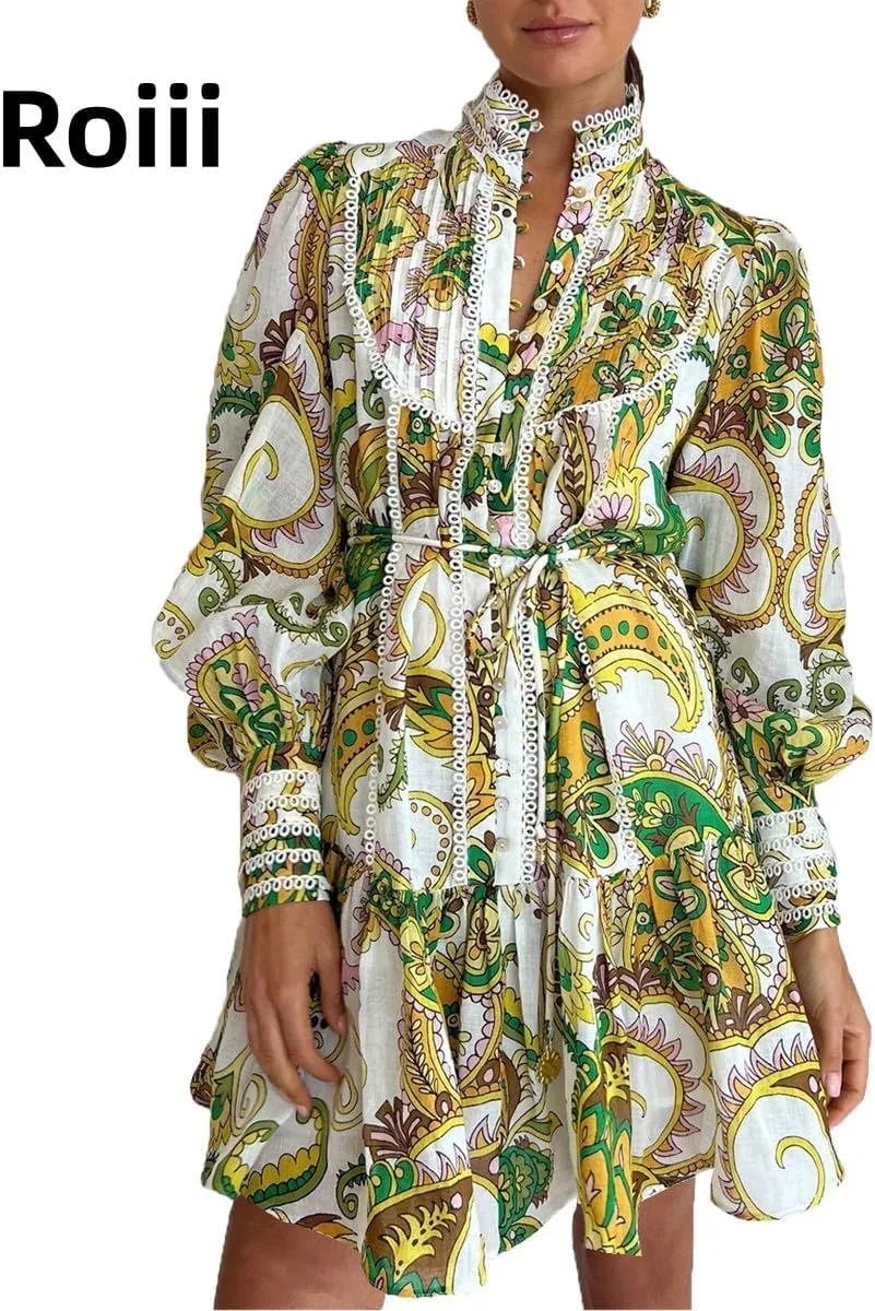 Roiii Women A-Line Lace Loose Baroque Button Down Long Sleeve Casual Dresses V Neck Embroidery Party Short Dress