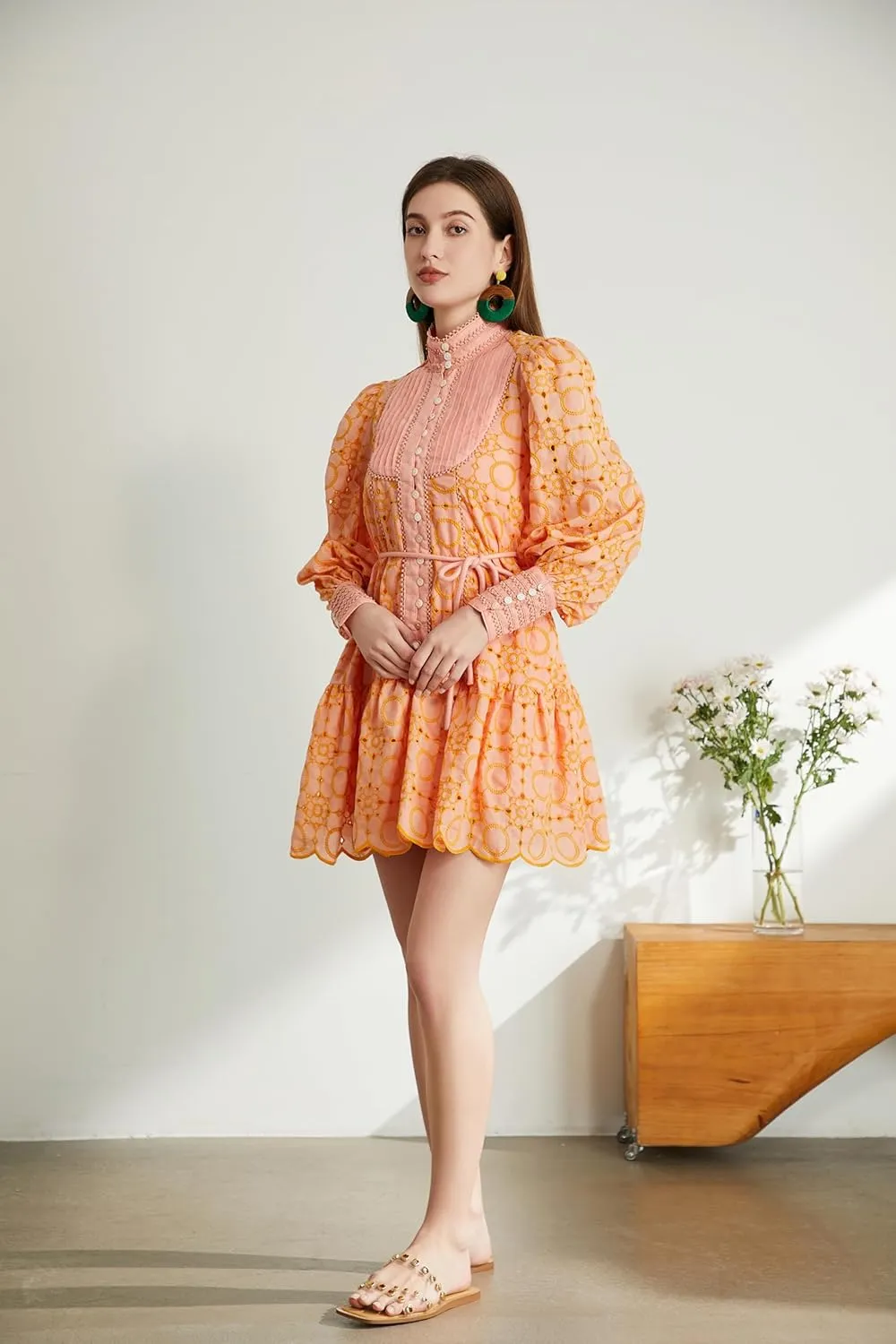 Roiii Women A-Line Lace Loose Baroque Button Down Long Sleeve Casual Dresses V Neck Embroidery Party Short Dress