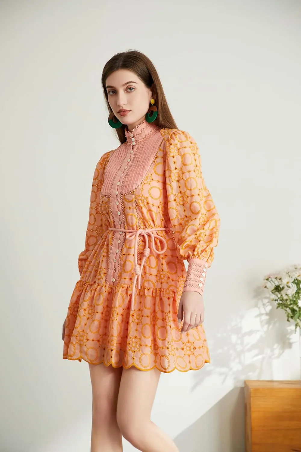 Roiii Women A-Line Lace Loose Baroque Button Down Long Sleeve Casual Dresses V Neck Embroidery Party Short Dress