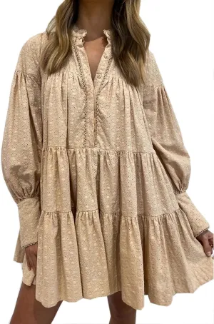 Roiii Women A-Line Lace Loose Baroque Button Down Long Sleeve Casual Dresses V Neck Embroidery Party Short Dress