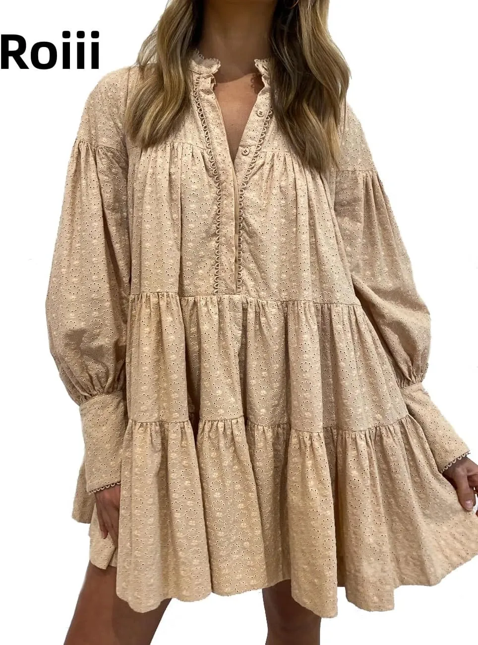 Roiii Women A-Line Lace Loose Baroque Button Down Long Sleeve Casual Dresses V Neck Embroidery Party Short Dress