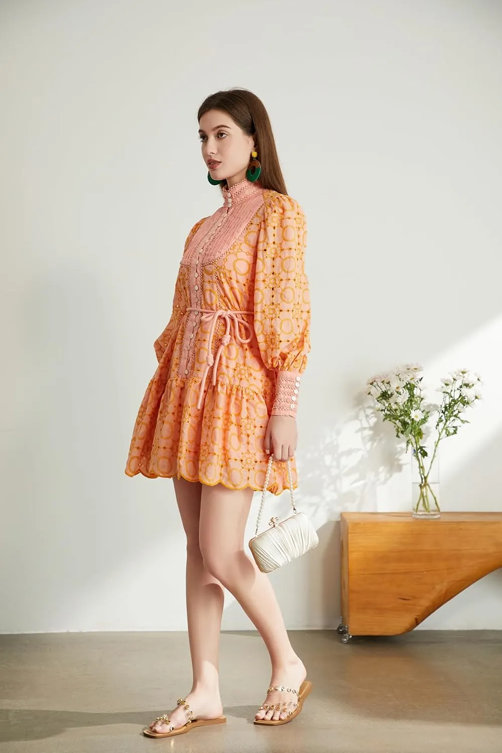 Roiii Women A-Line Lace Loose Baroque Button Down Long Sleeve Casual Dresses V Neck Embroidery Party Short Dress