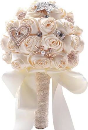Romantic Wedding Bride Holding Bouquet Roses with Diamond Pearl Ribbon Valentine's Day Bouquet Confession (373 CRM)