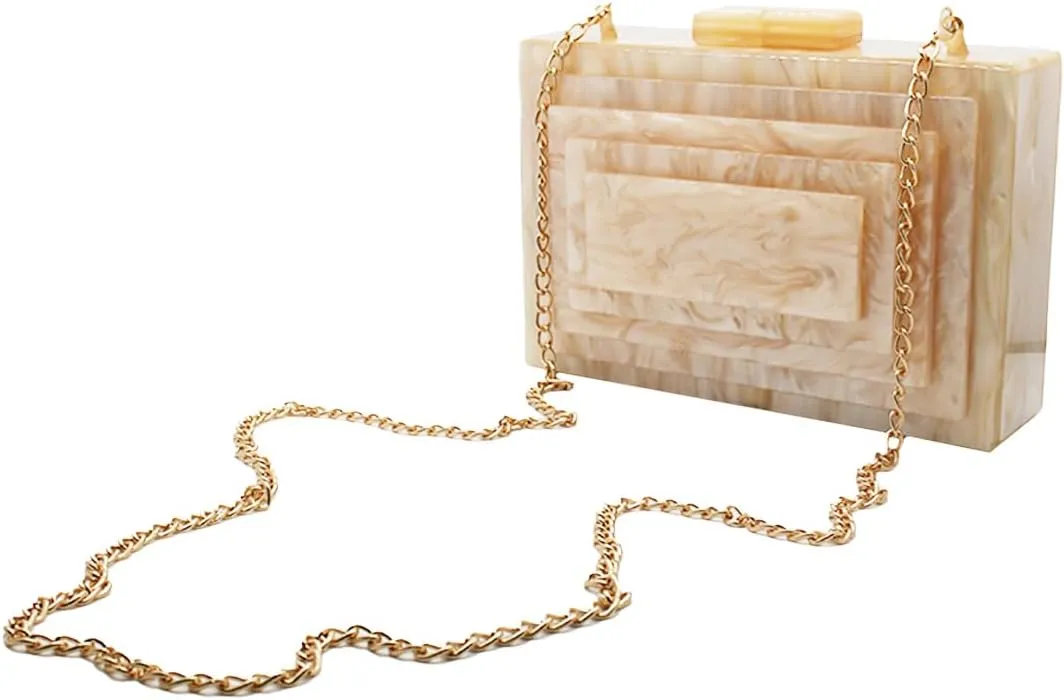 RomanticDesign Women Acrylic Evening Clutch Purse Glitter Marbling Handbag with Pearl Chain for Wedding Cocktail Party