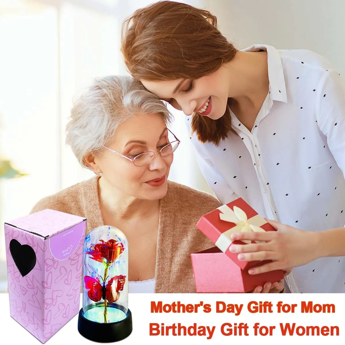 Rose Flower for Mother's Day Ideas, Mothers Day Flowers Gifts for Mom Wife from Daughter Son Husband, Forever Galaxy Rosas Eternas,Light Up Flower In Glass Dome, birthday Butterfly Gifts for women