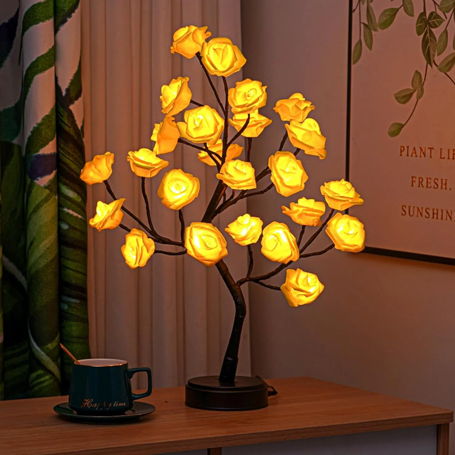 Rose Flower Tree Lamp, LED Rose Bedside Table Lamp Battery Powered or USB Adapter, Nightstand Lamp,for Living Room, Bedroom, Office Gift for Mother’s Day Anniversary Birthday (Yellow)