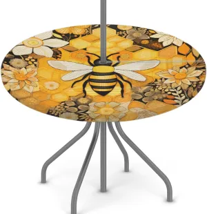 Round Fitted Tablecloth with Umbrella Hole Bee Flower Outdoor Fitted Tablecloth with Zipper Round Elastic Table Cover Waterproof 45"- 56" Outdoor Patio Table Cloth for Picnic Beach